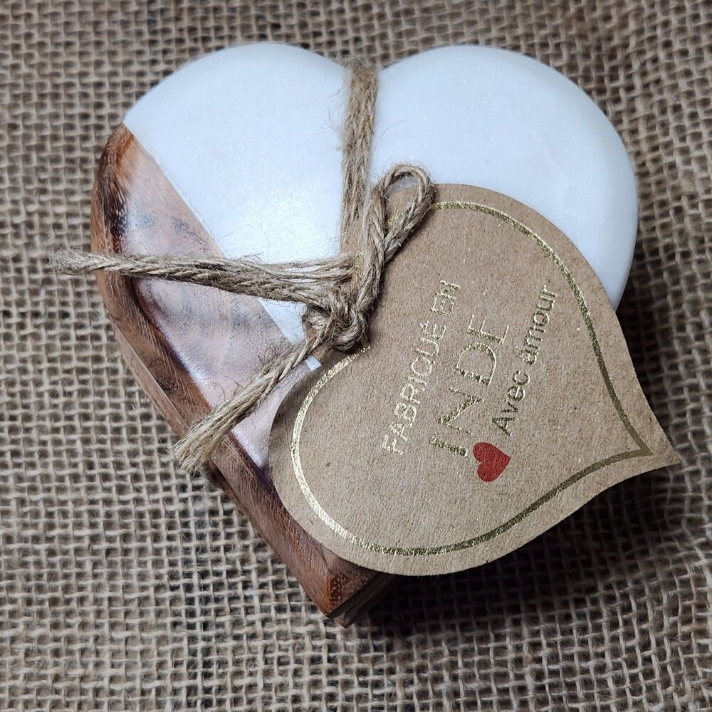 Coasters Handmade Heart Marble and Wood India Boho Farmhouse Rustic Decor 4 NWT